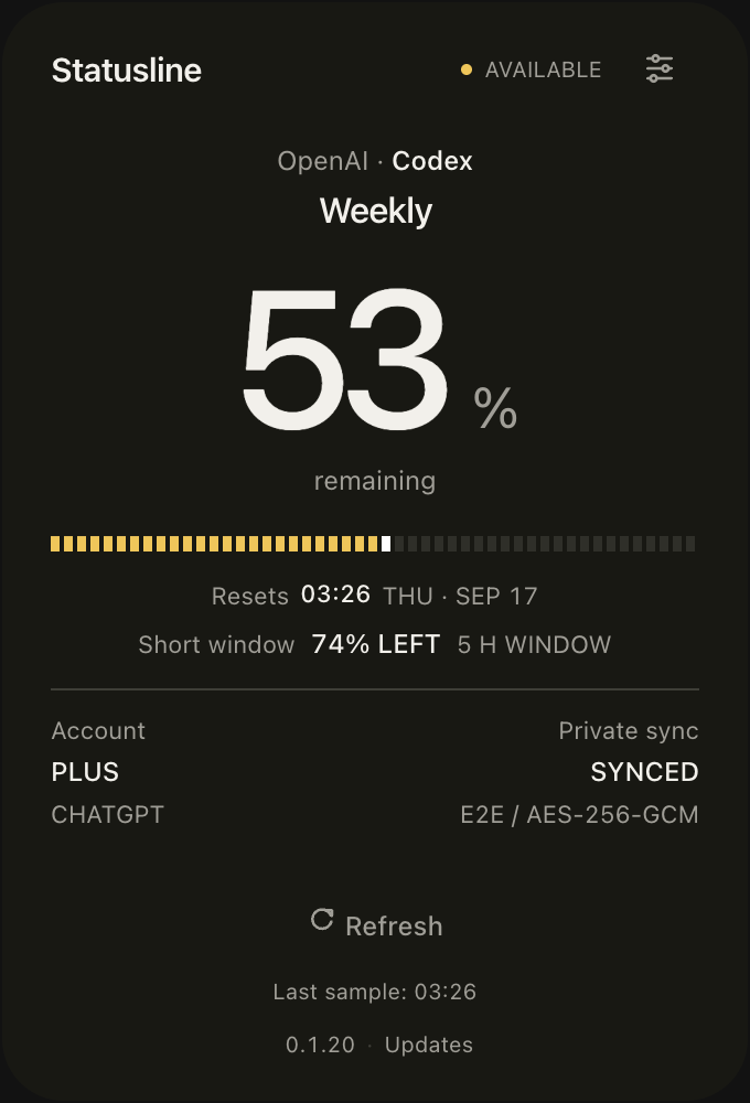 Statusline Companion showing a 53 percent sample quota