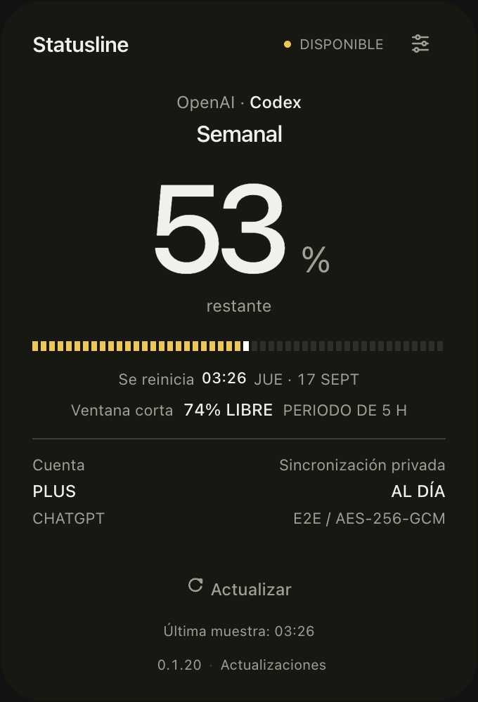 Statusline Companion con una cuota de ejemplo del 53 por ciento