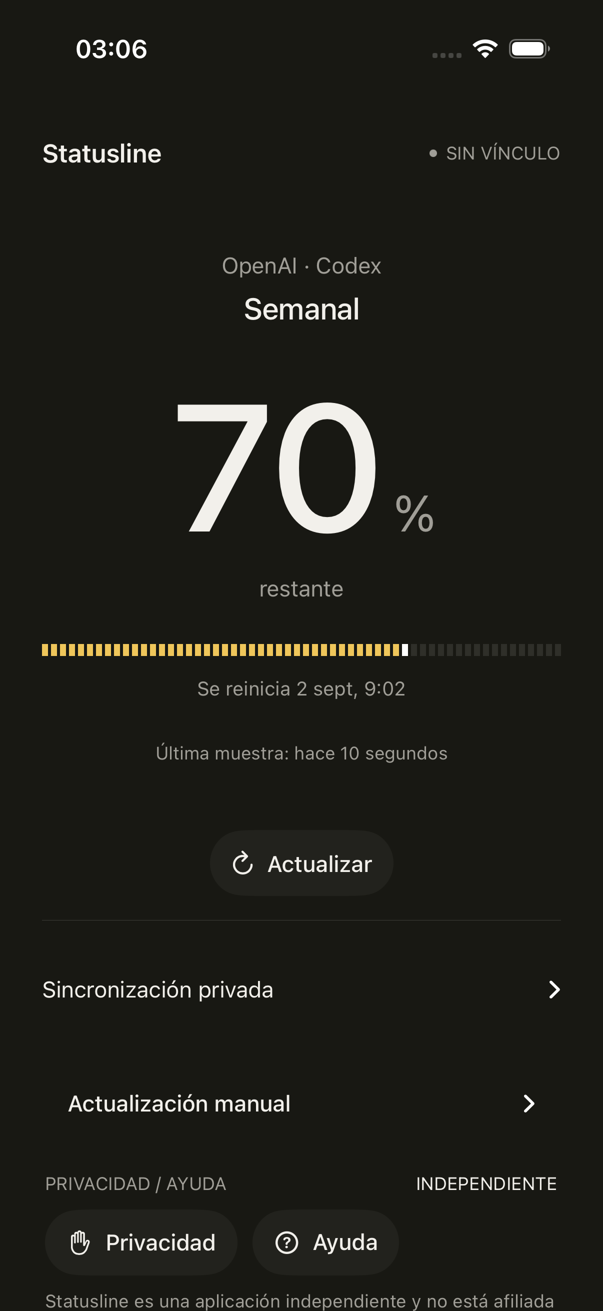 La app nativa de iPhone con su ejemplo local del 70 por ciento, sin emparejar