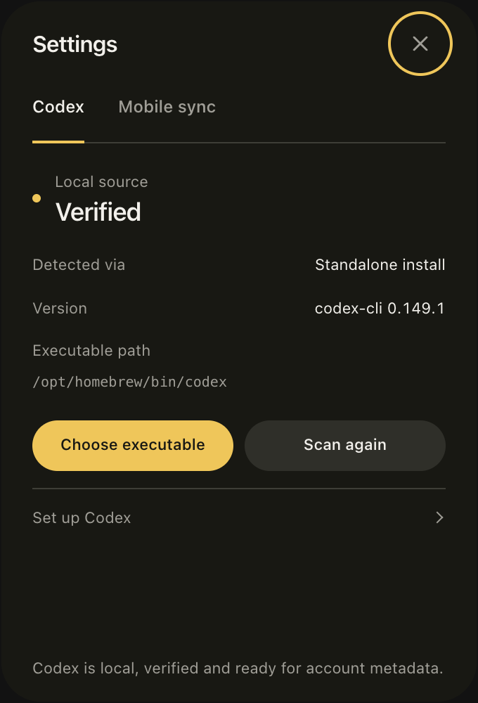 Still Signature Codex settings with a synthetic installation path