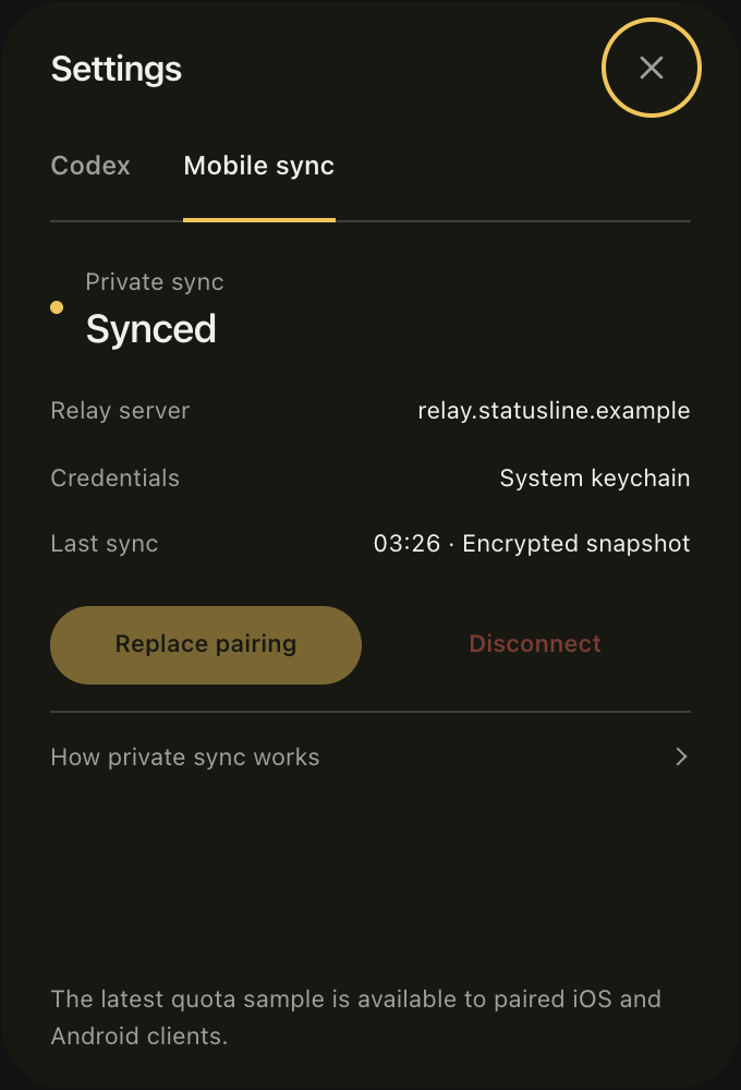 Still Signature mobile sync settings with a sample relay and system keychain credentials