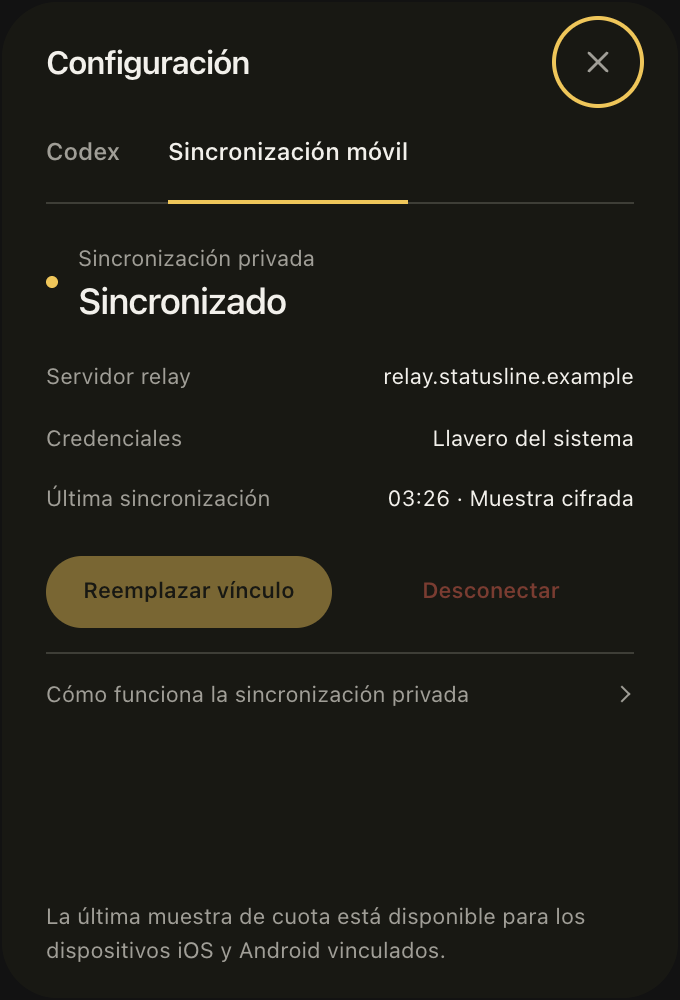 Ajustes de sincronización móvil con Still Signature, un relay de ejemplo y credenciales en el llavero del sistema